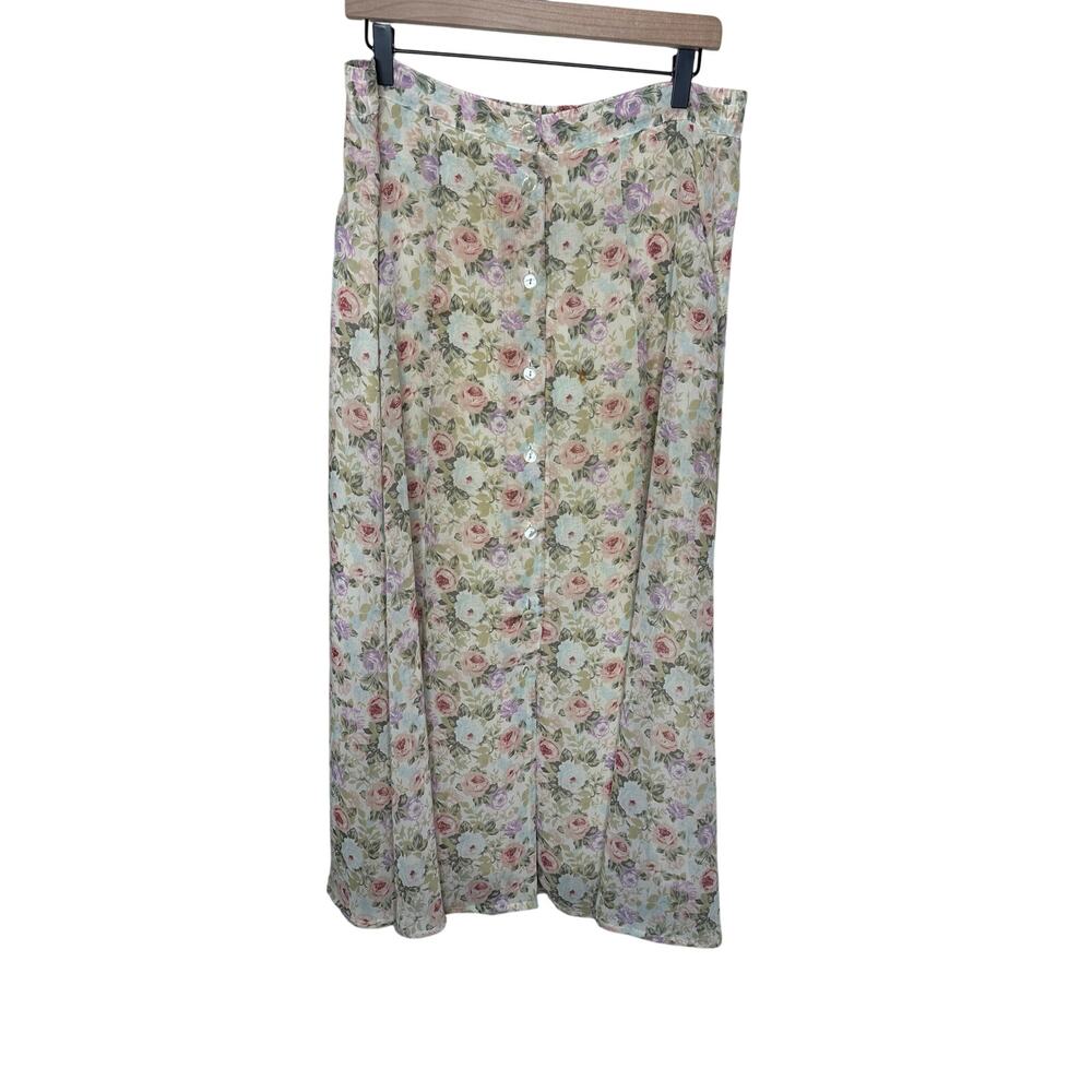 Casual Corner Vintage Midi Skirt 8 Pink Green Floral Elastic Waist Pocket Button